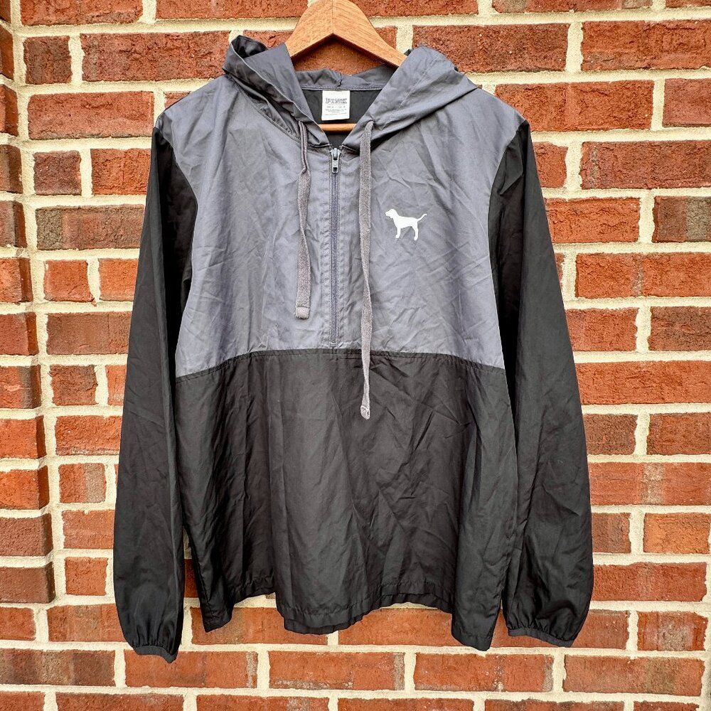 Pink Victoria's Secret Hooded Windbreaker XS Black Gray 1/2 Zip Pullover